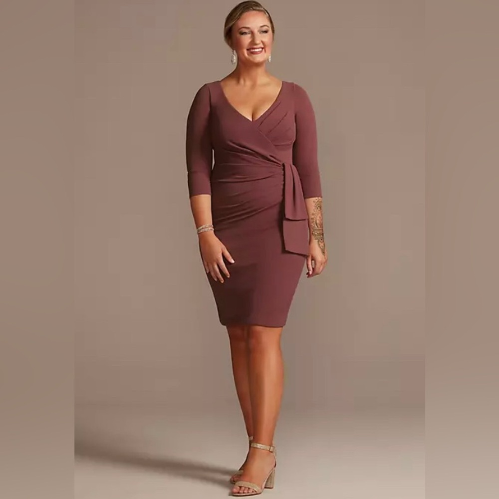 Oleg Cassini Knee Length Crepe Dress with Cascade in Color Chianti [Size: 14]